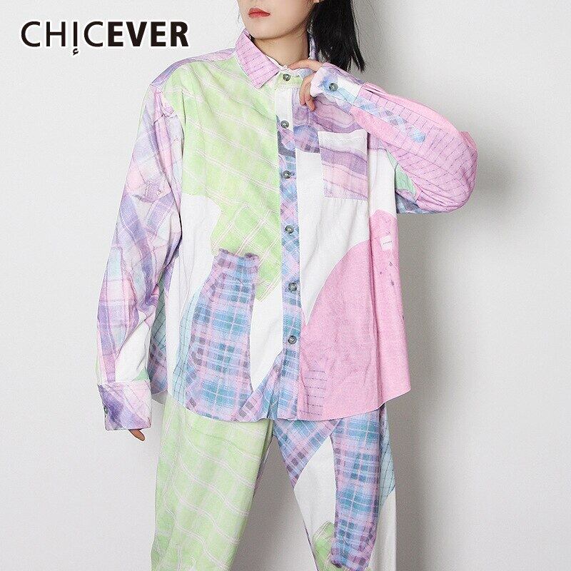CHICEVERヒットカラーシャツレディースラペルカラーパッチワークカラフルチェック柄ラージサイズブラウス2021秋服 大きめサイズ オータム 秋物 6base52268300136
