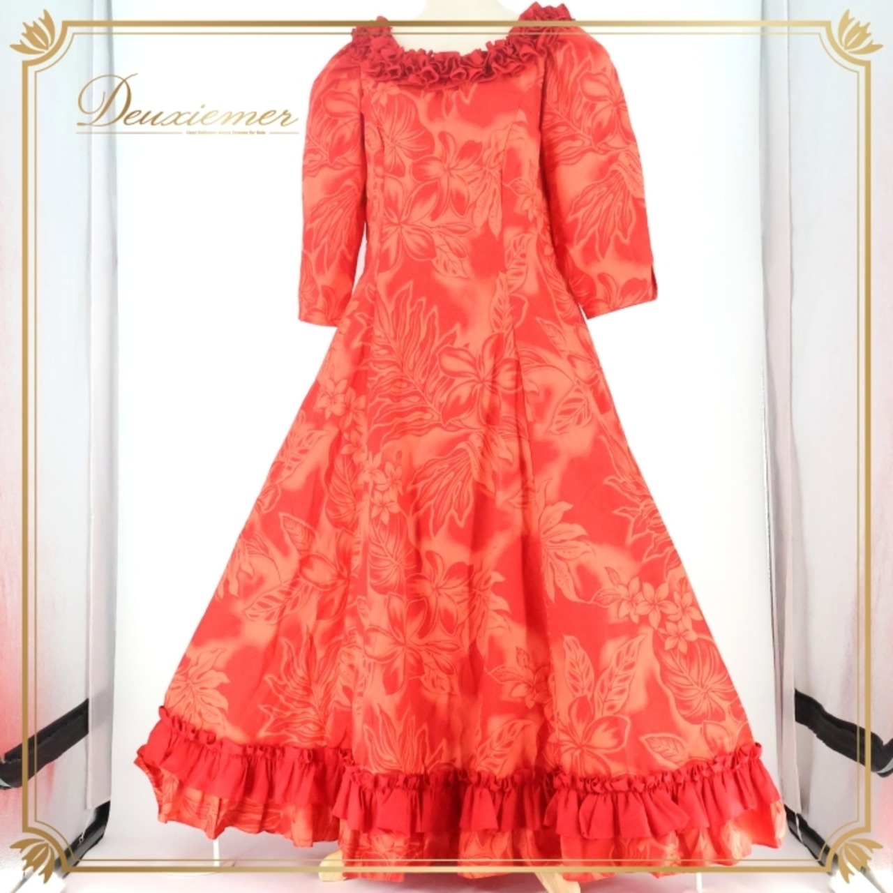 フラダンス 衣装 ワンピース ドレス レッド系 CC Fashions ハワイ製 プルメリア柄 モンステラ柄 ハワイアンプリント アロハ フラ ダンス レッスン 練習 フリル 五分袖 ワンカラー かわいい おしゃれ 上品 華やか 鮮やか ハワイ 服飾 レディース かわいいドレス エレガント