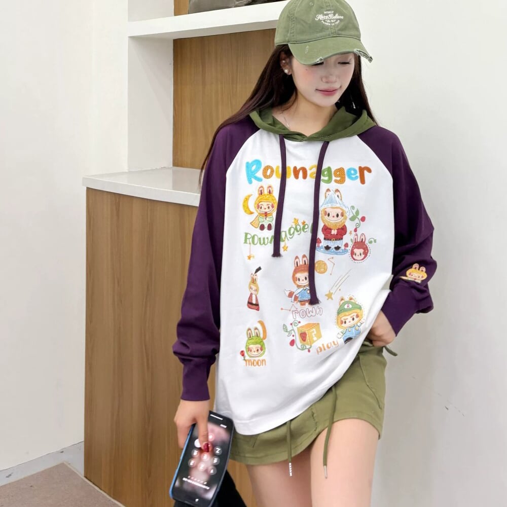 260g厚手 綿100% 長袖 オーバーサイズ 韓国風 Labubu フーディー パーカー 刺繍入り バイカラー 可愛い ストリートウェア