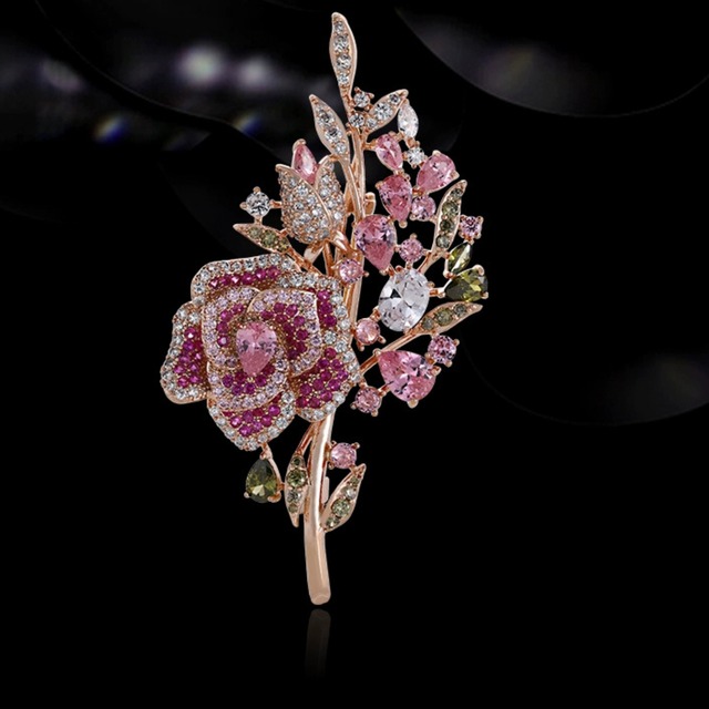 メタル製ローズモチーフラインストーン装飾 ブローチ CL0021