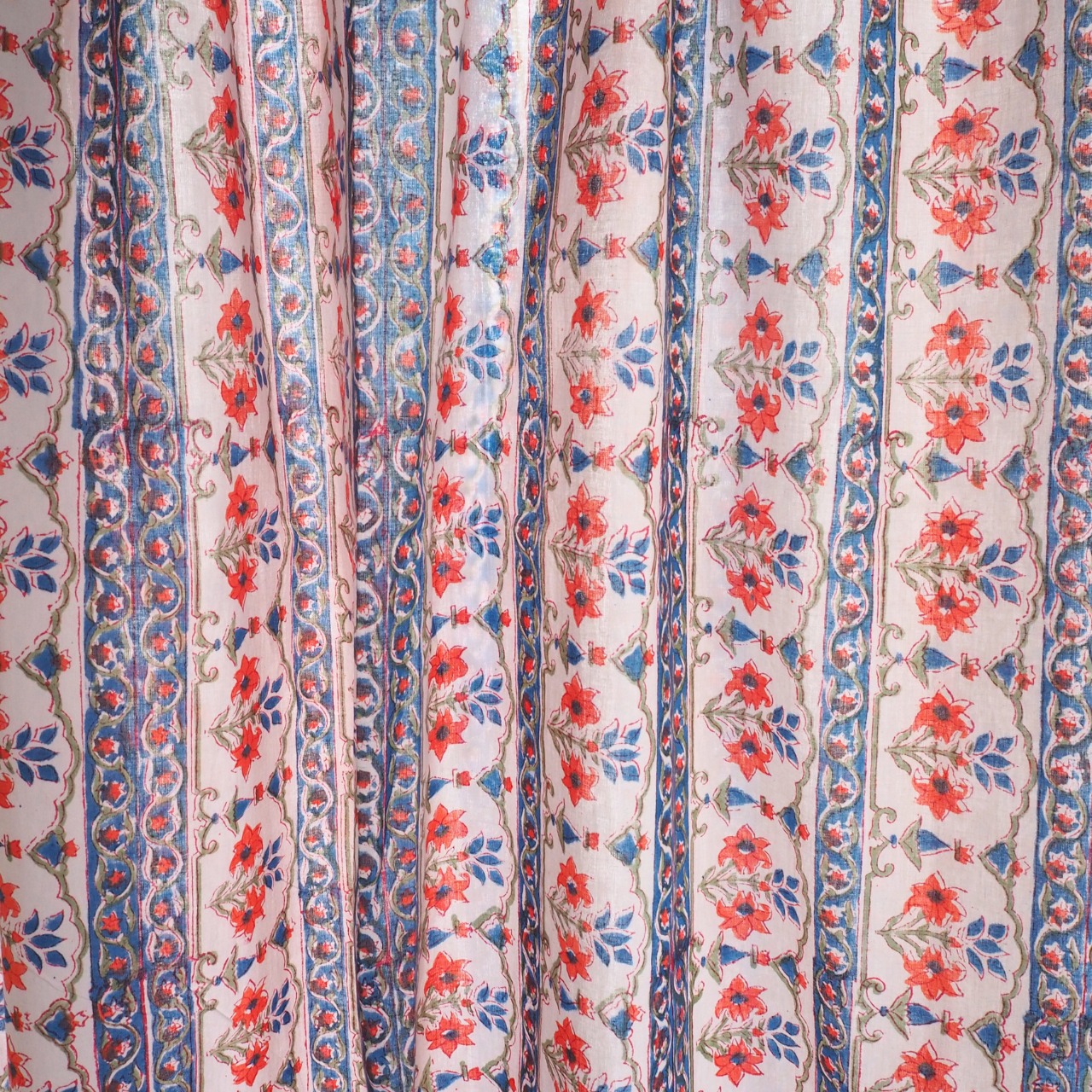 ブロックプリント生地【50cm単位】インド綿 ストライプ柄 白×青×オレンジ #14519-BL3