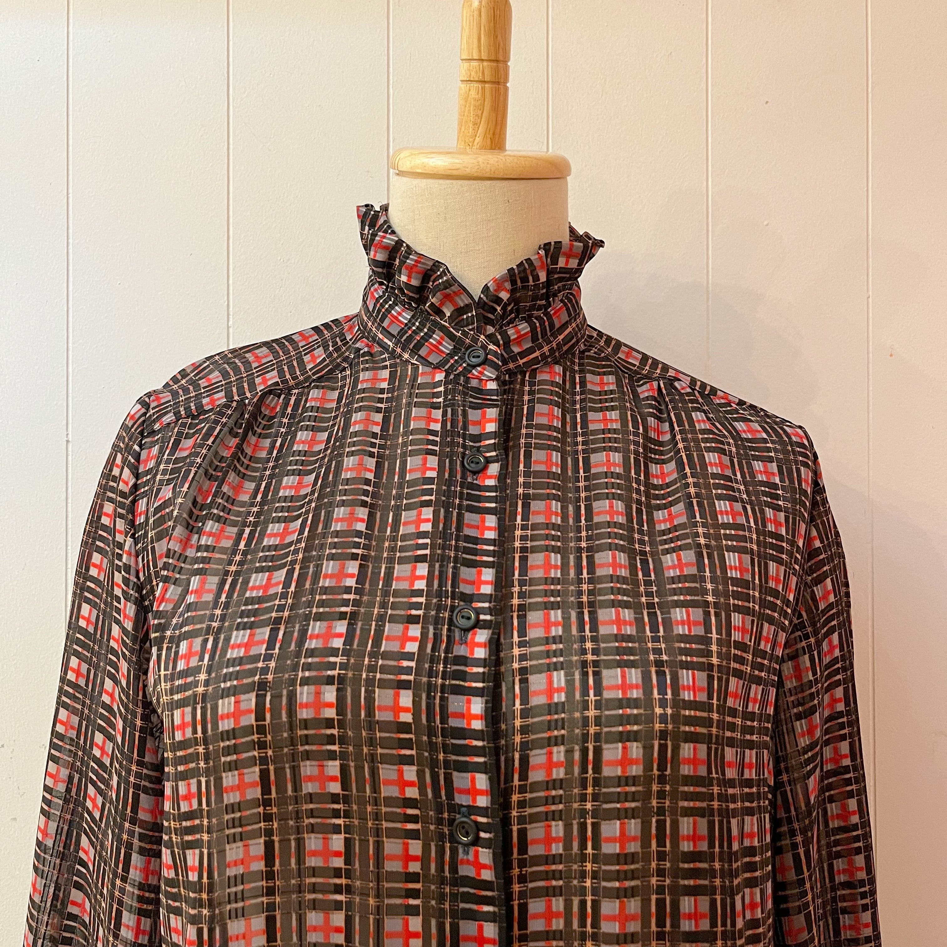 black red check stand collar blouse