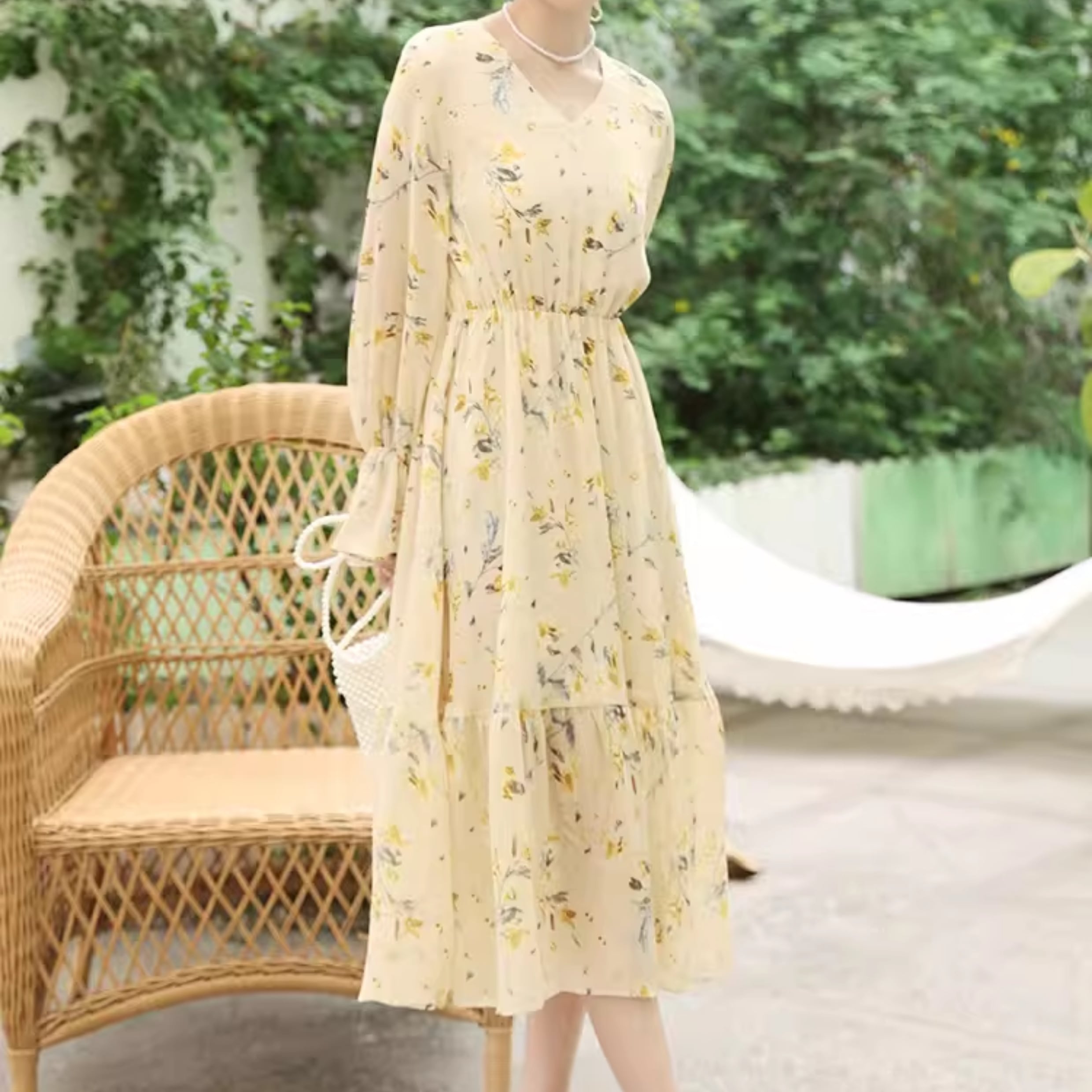 レトロフラワー柄 フリルスリーブ ロングワンピース 00474