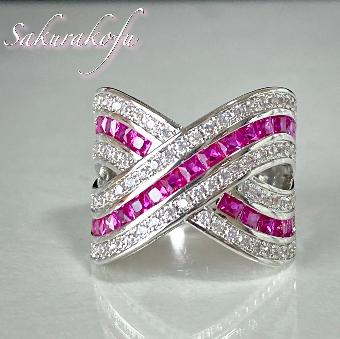 D030 ゴージャス ピンククロスリング レディース 指輪 ルビー キュービック