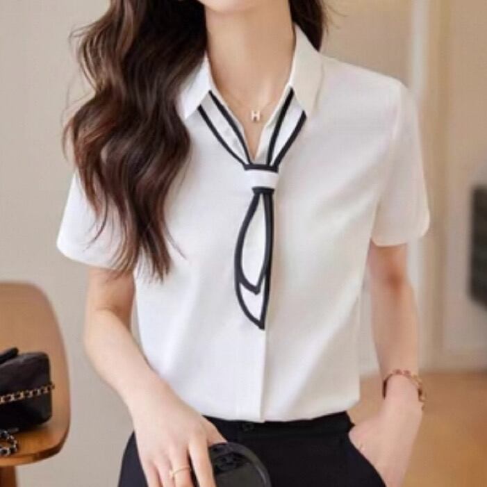 Bi color bow tie design short sleeve blouse 00238