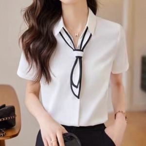 Bi color bow tie design short sleeve blouse 00238