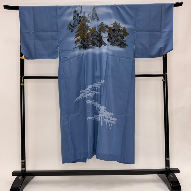 男長襦袢 中古 男性 長襦袢 リメイク ポリエステル 青色 メンズ 和装 着物 男性着物 粋 おしゃれ 6577