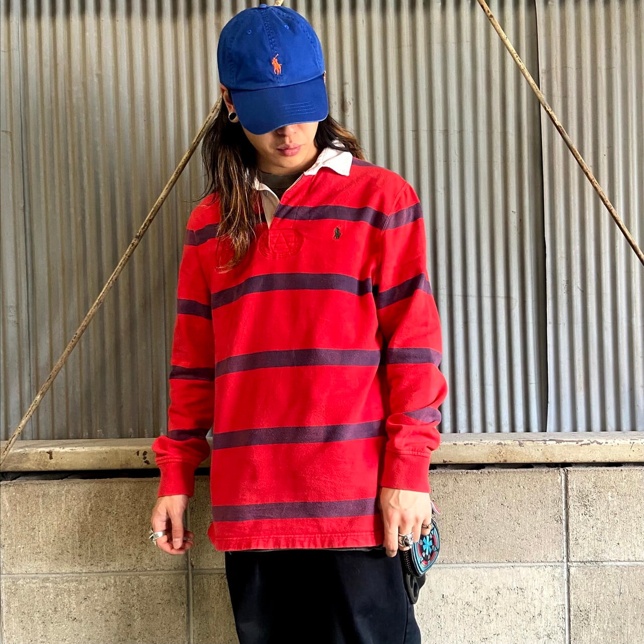 ポロバイラルフローレン ボーダー柄 長袖 ポロシャツ L レッド 他 Polo by Ralph Lauren ラガーシャツ ポロベア メンズ ポロバイラルフローレン ボーダー 長袖 ラガーシャツ メンズM 古着