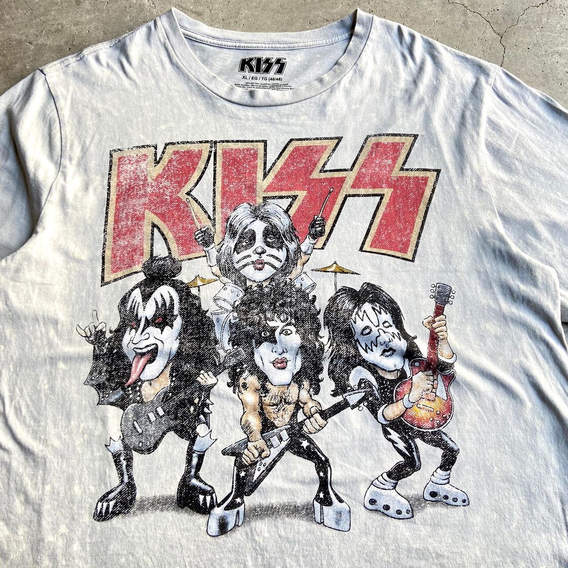 KISS キャラクター バンドTシャツ メンズXL 古着 グレー 灰色【Tシャツ 