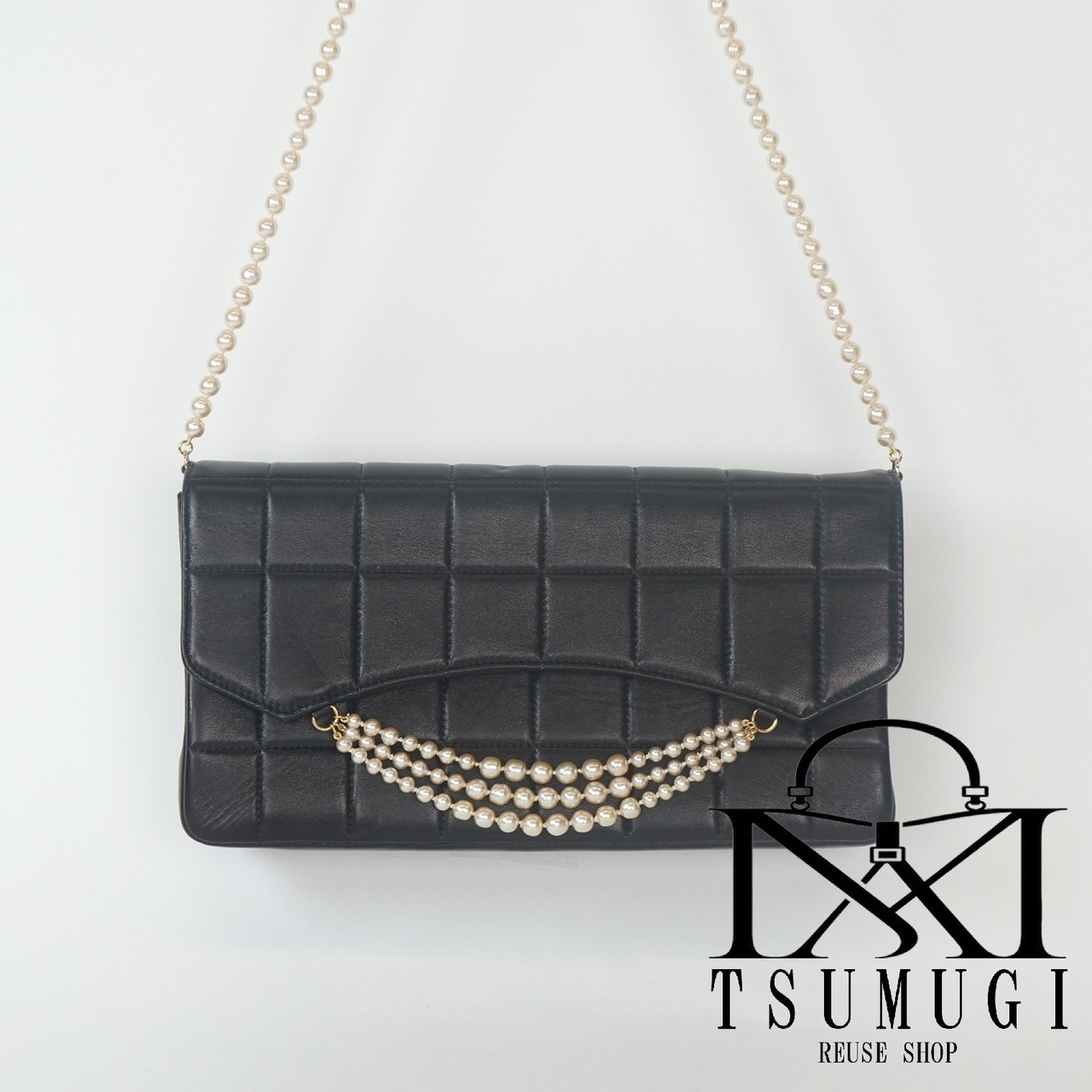 CHANEL シャネル チョコバー ラムスキン チェーン ショルダーバッグ パール ゴールド金具 7番台
