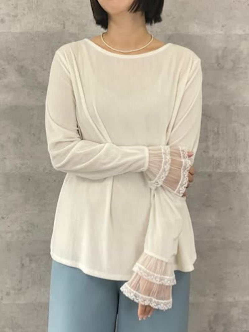 【10月末頃入荷次第お届けのご予約】608. Anna Kerry / アンナケリー frill cuff velor long-tee フリルカフベロアロンTEE(ホワイト/ブラック)(27264907)