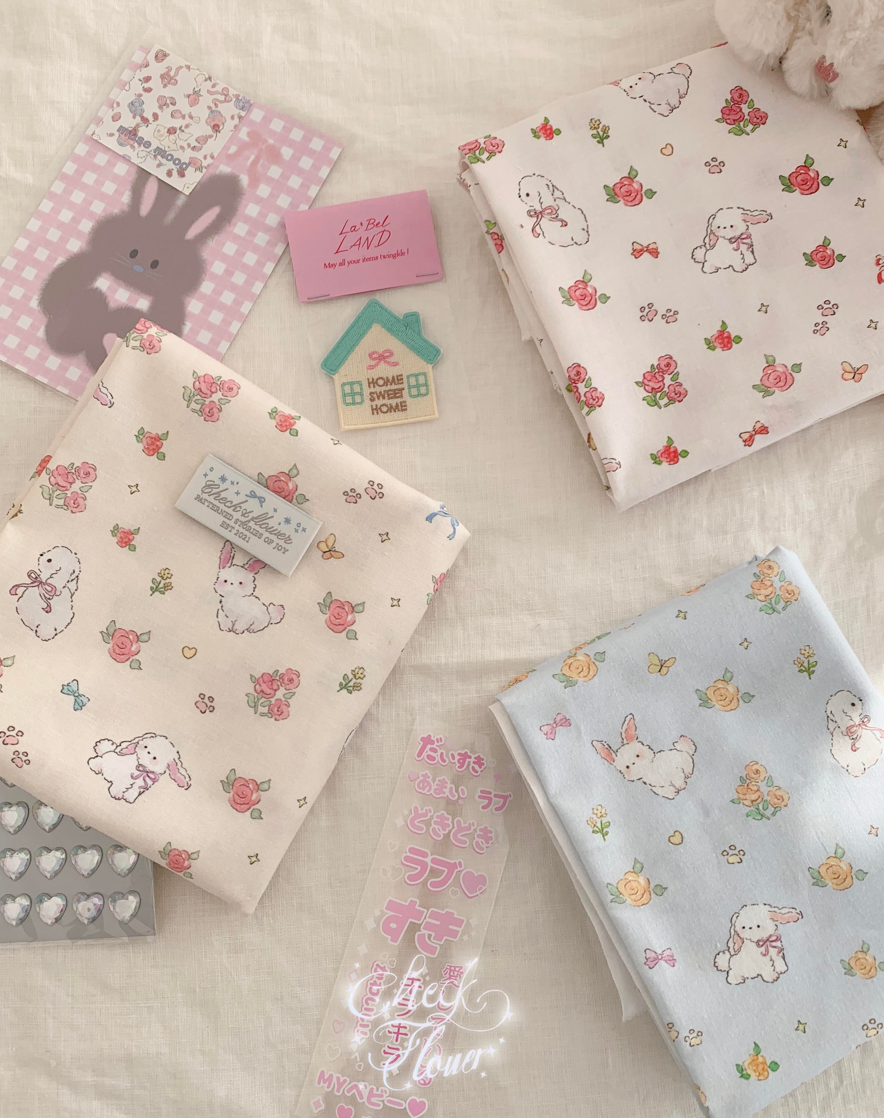 【即納】お花とうさぎ描画(コットン生地)