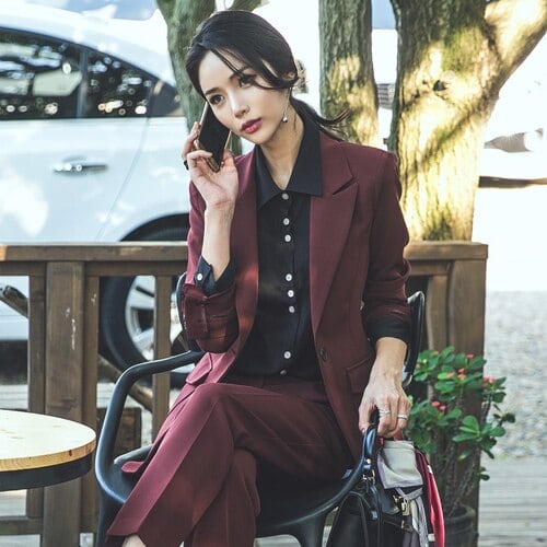 秋 ワンボタンノッチ ブレザーコートロングパンツ バーガンディ 2