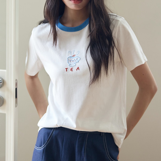embroidered teacup cotton short sleeve tshirt