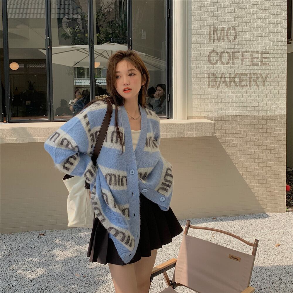 ルーズVネックセーター オータムブルースタイルカーディガントップス ロング 秋物 モンロー32429518844