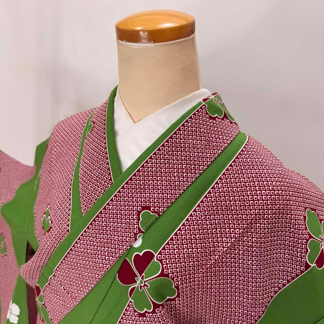 小紋 単衣 洗える着物 裄65.3cm 身丈155cm 緑 花柄 お洒落着 普段着 ポリエステル 美品 M サイズ 5275