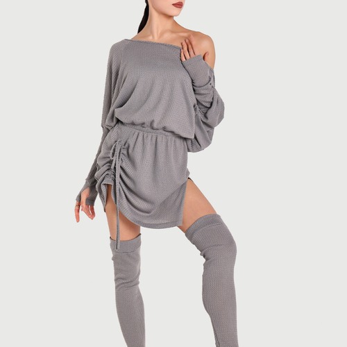 オフショルダー ドルマンスリーブ ギャザーデザイン ドレス 2col　D00398