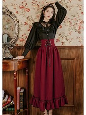 【0208】Elegant Black Red Long Sleeve 2 Piece Set