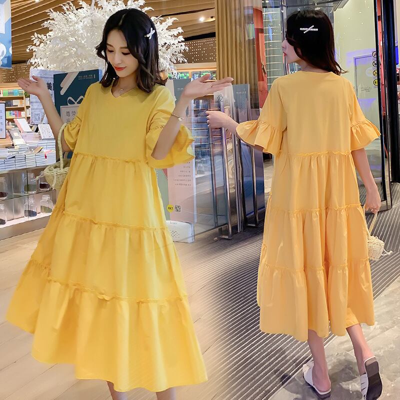 【新作】【送料無料】 マタニティウェア2019サマーファッションミドル丈コットンとリネンステッチマタニティドレス、トランペットスリーブプラスサイズのマタニティドレス-アリババ 大きめサイズ 夏物 expec289794437493