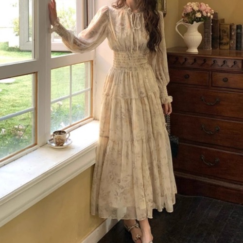 ウエストシャーリングシフォンフラワーワンピ ・79063