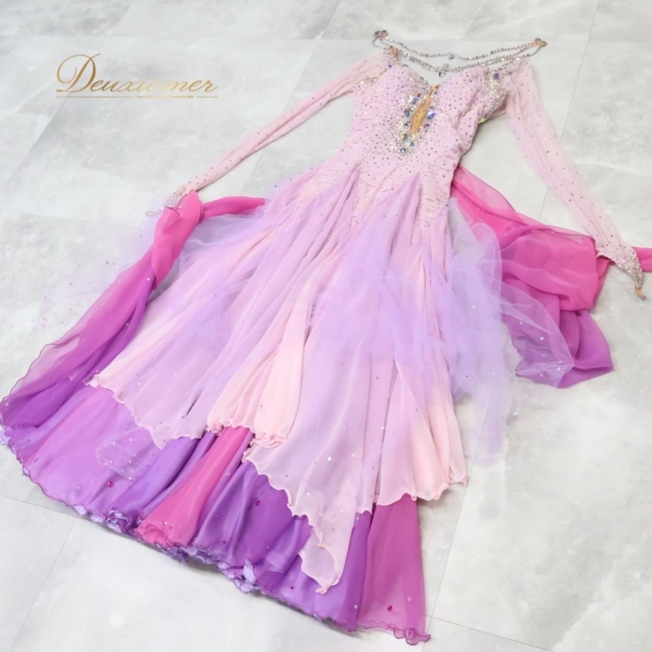 社交ダンス 衣装 チャコット Chacott スタンダードドレス ドレス ワンピース フロート デモ 競技 ダンス パーティ 発表会 ピンク 紫 ピンク系 パープル系 華やか おしゃれ レディース ラベンダー 競技用 フォーマル ダンスウェア 発表会用イベント用