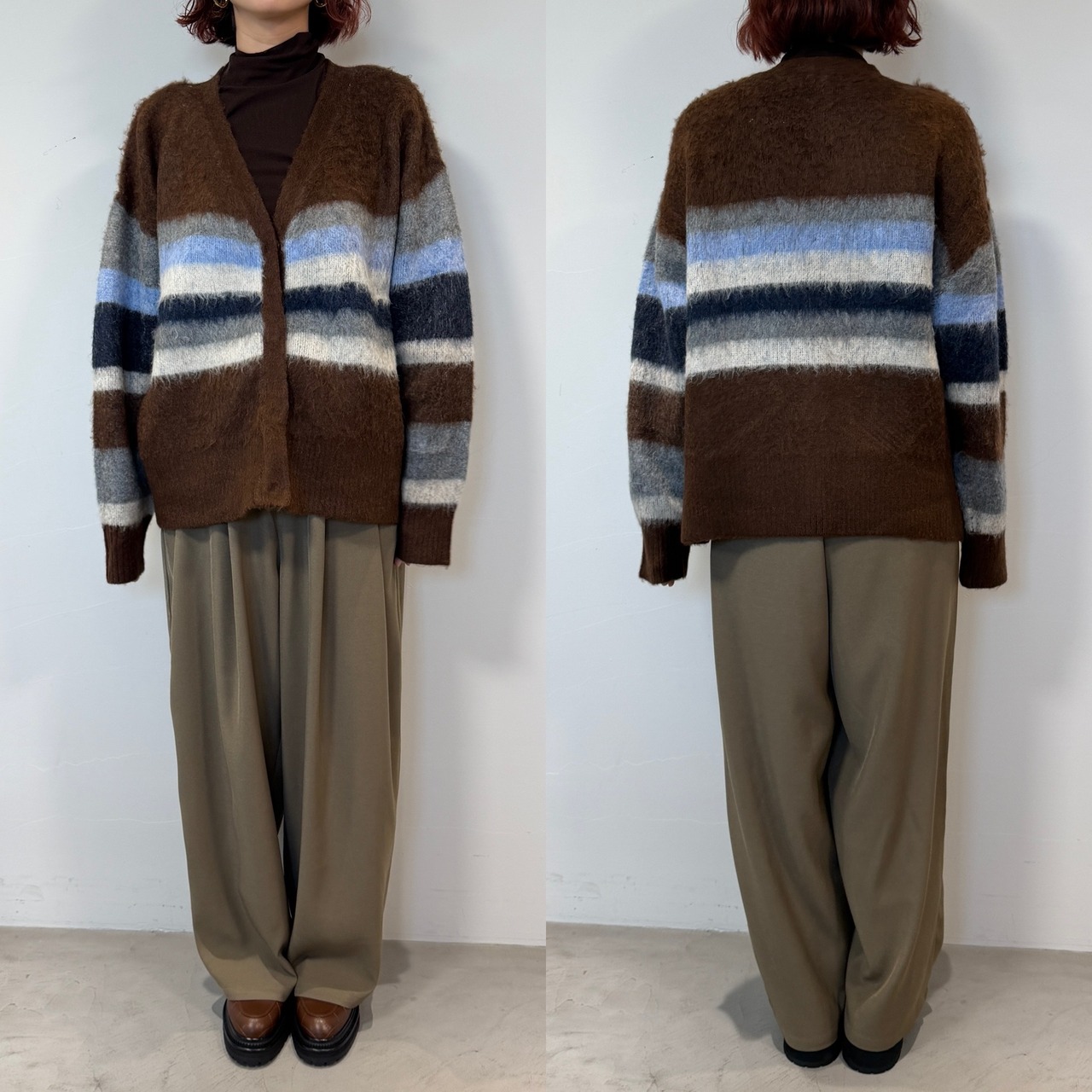 マルチカラーニットVネックCD/ブラウン