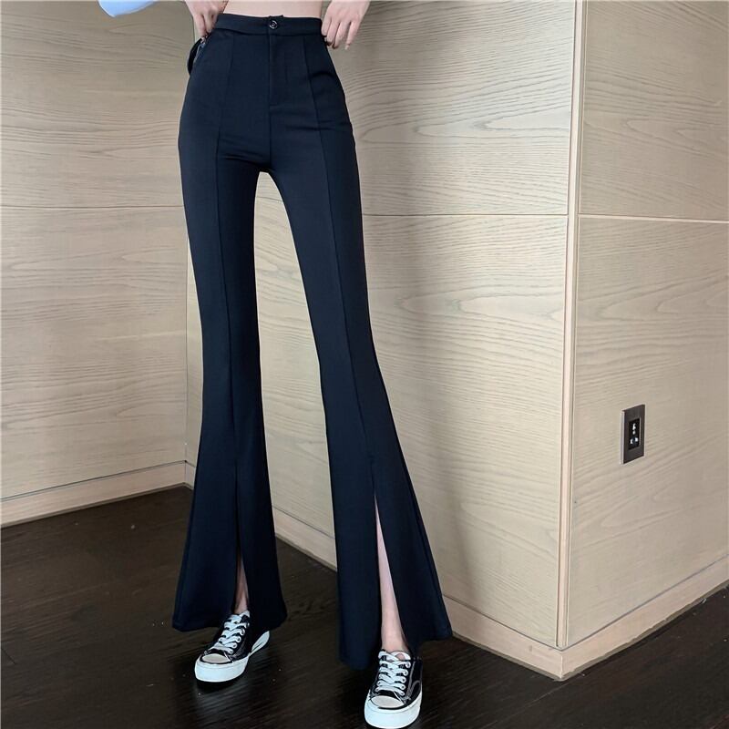 薄手パンツ ハイウェストウェストカジュアルスプリングオータムスリムスリット レッド 春物 秋物 シルク YY-ファッション75872913747