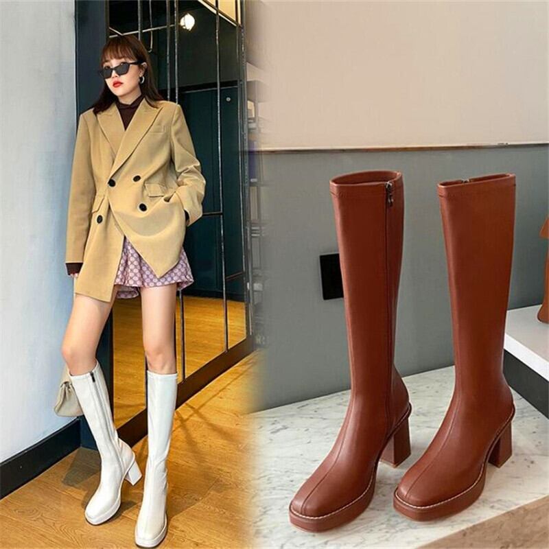 【新作】【送料無料】 冬の女性のロングブーツは、厚底のスクエアトゥハイヒールブーツブラックベージュブラウンファッションハイヒールブーツを増やします 靴 シューズ ウィンター 冬物 スクウェア 10b344108036739