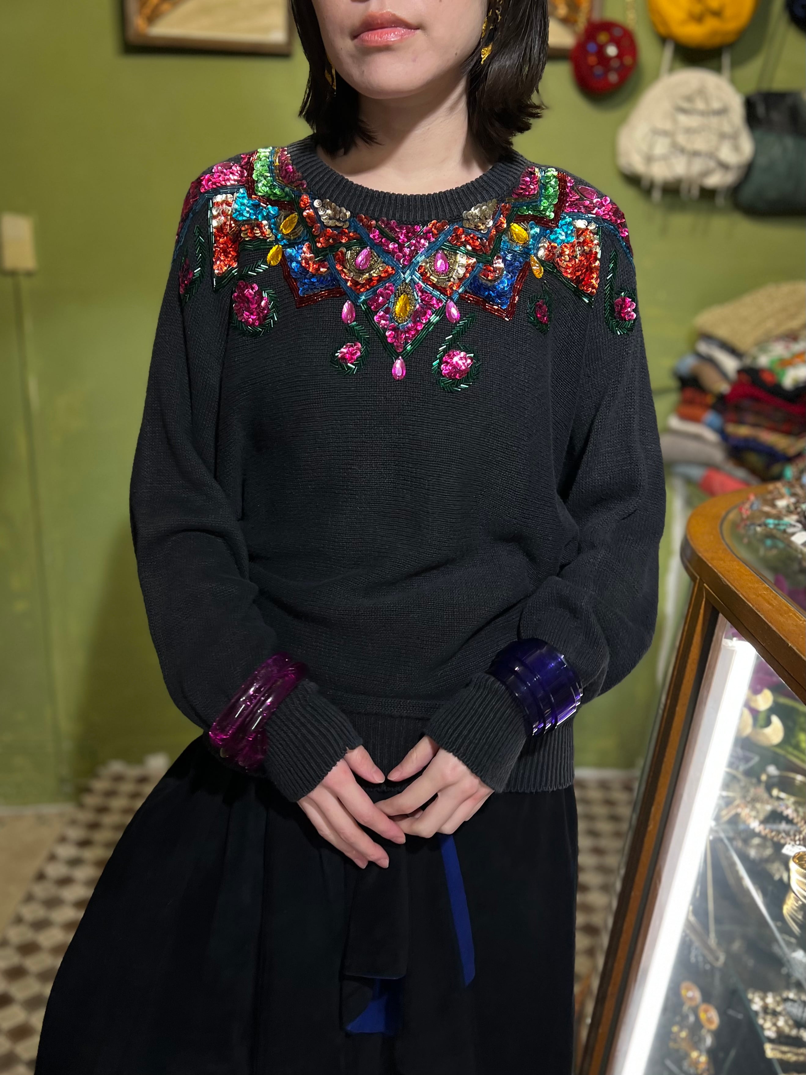 80s black × multicolor spangle bijou knit tops ( ヴィンテージ