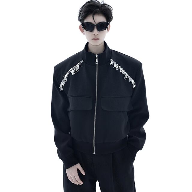 【予約販売】ブルゾン ジップデザイン 長袖 メンズ 無地 黒 ブラック カジュアル シック こなれ感 お洒落 韓国 トレンド 春 秋 夏 M/L/XL