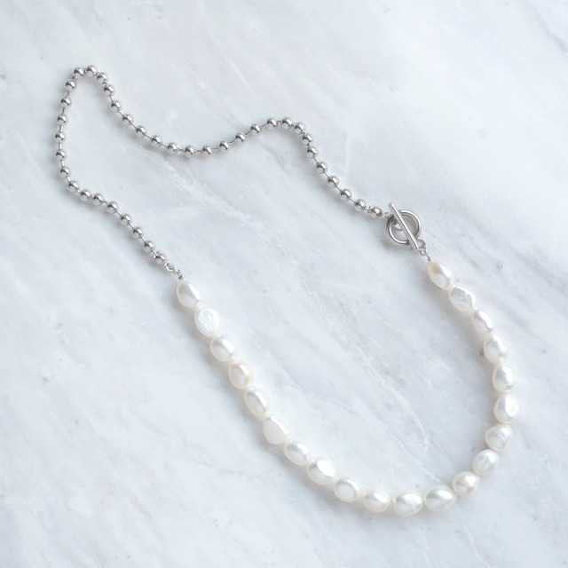 ボールチェーン × バロック 淡水パール ネックレス 7.0-8.0mm サージカルステンレス / pe-071