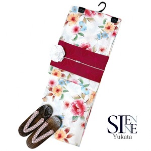 浴衣ジェンヌ 浴衣5点セット 白地に色とりどりの小花柄 ゆかた 半幅帯 浴衣