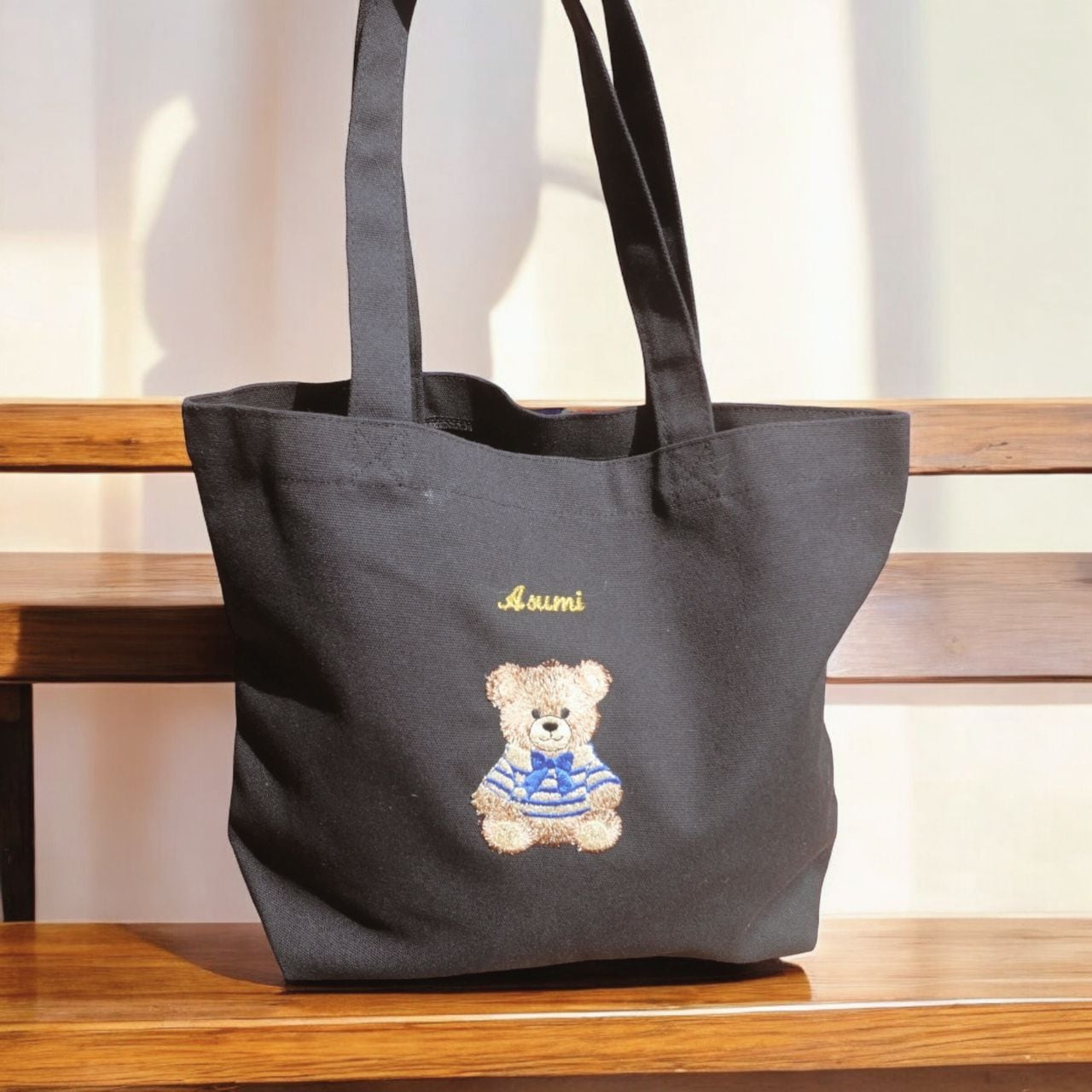 使いやすいMサイズ 名入れができる テディベア柄 トートバッグ | nekko2011