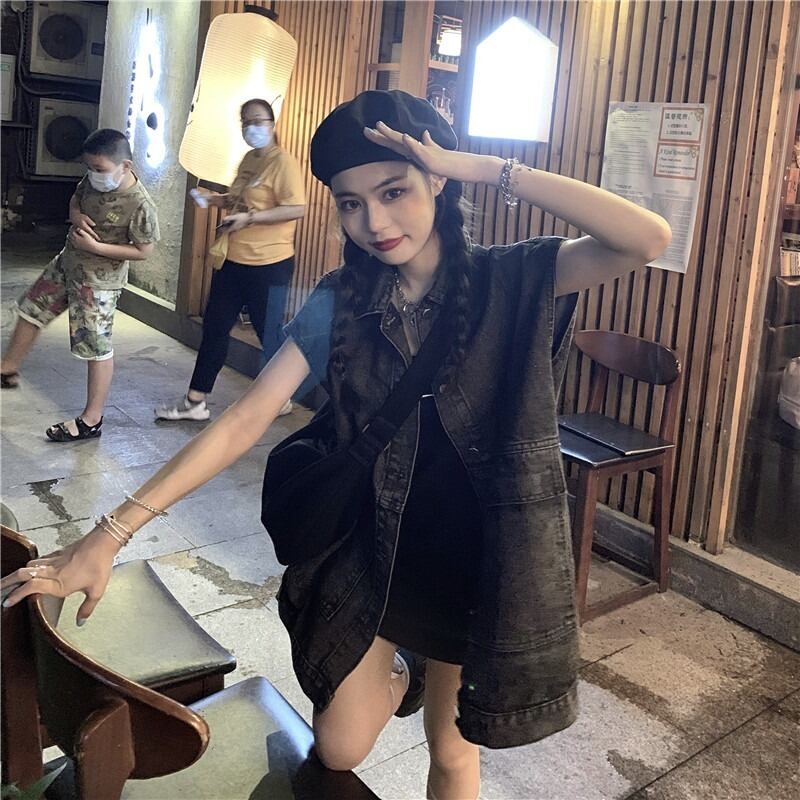 レッドブラックオータムスタンダードルーズノースリーブトップス レトロ 秋物 YY-ファッション97149521595