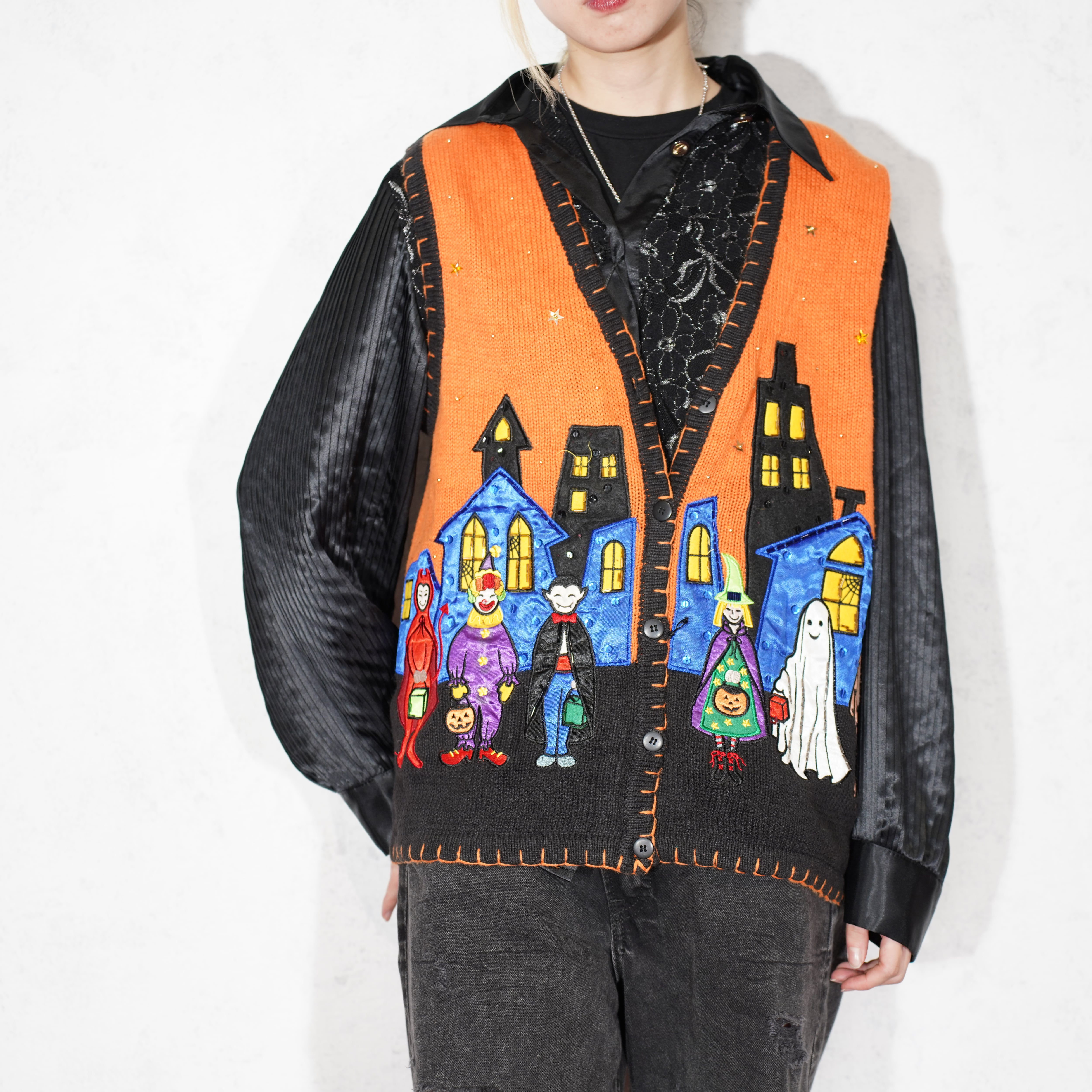 USA VINTAGE HALOWEEN EMBROIDERY DESIGN KNIT VEST/アメリカ古着