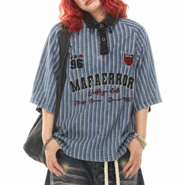 blue striped polo short-sleeved shirt　ブルーストライプポロ半袖シャツ　J1793