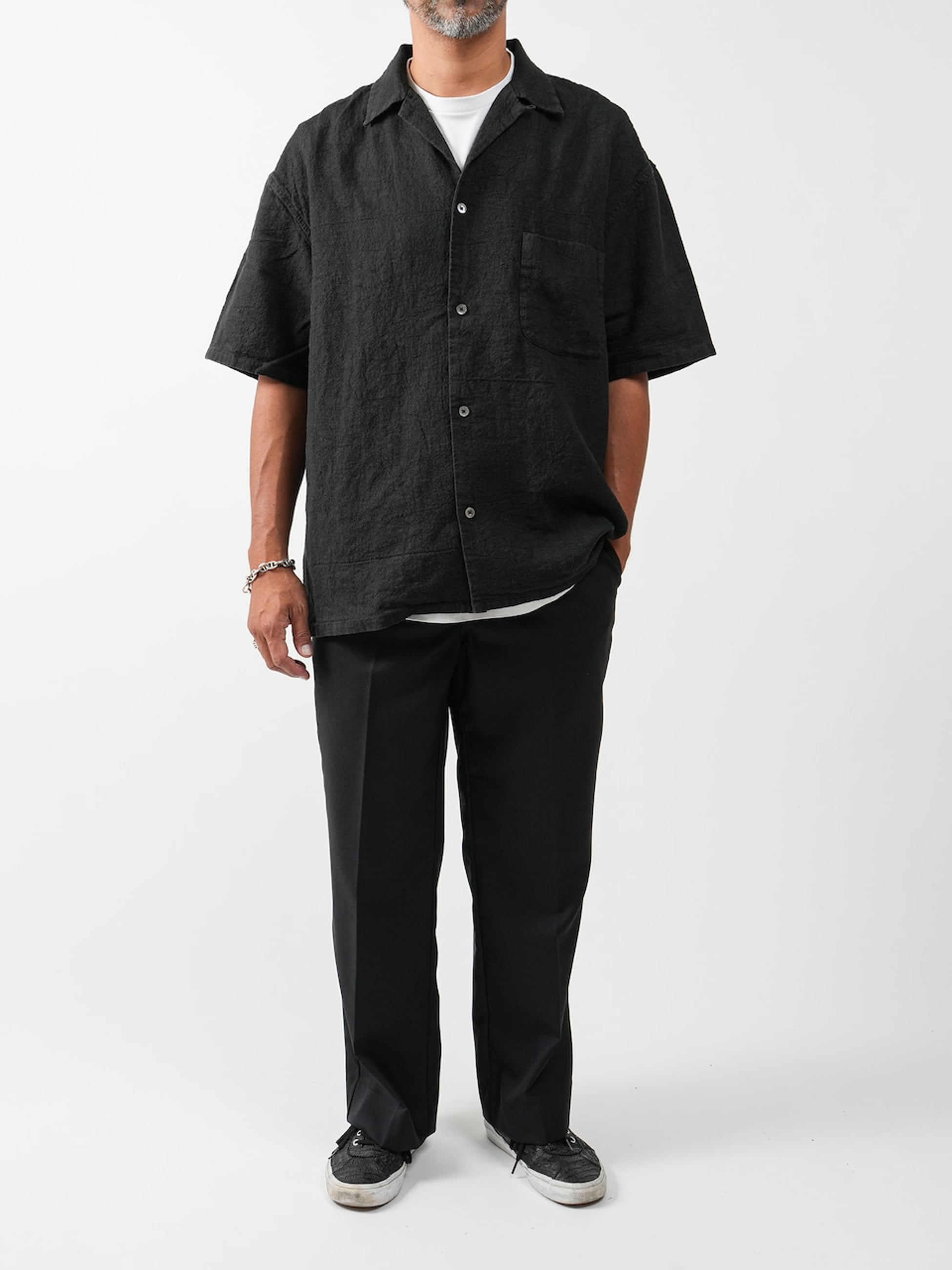 Hemp Short Sleeve Open Collar Shirt (black) | OVY