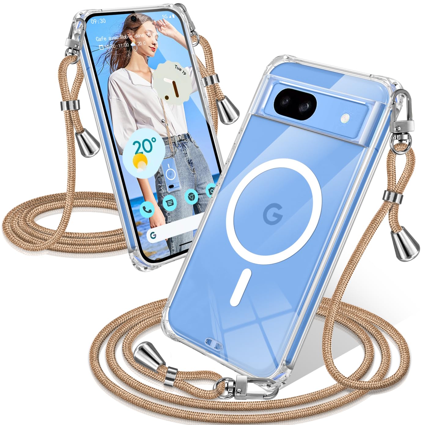 Google Pixel 8a ケース クリア ショルダー MagSafe対応 耐衝撃 (ゴールド)