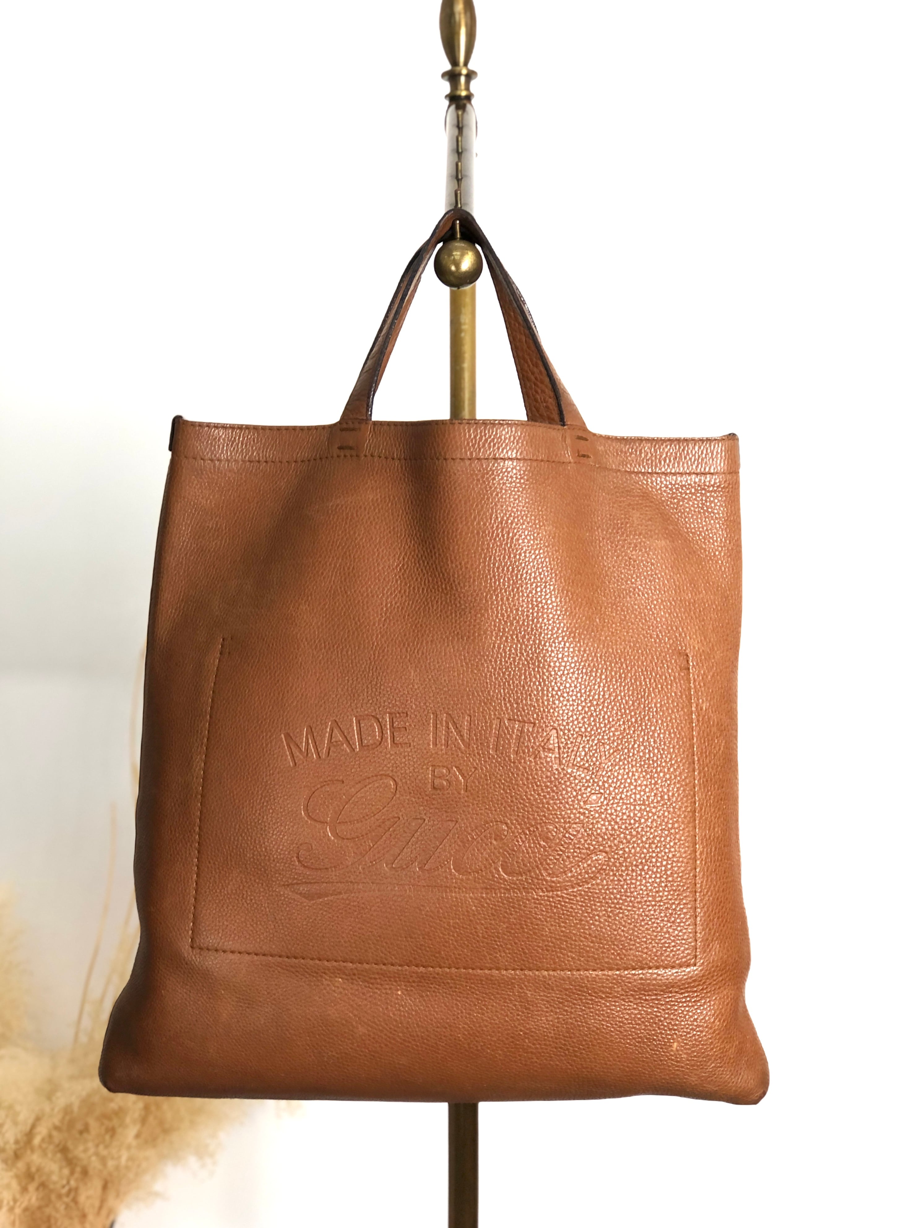 GUCCI グッチ トートバッグ ブラウン ロゴ型押し レザー vintage ヴィンテージ オールド 7tbu4m