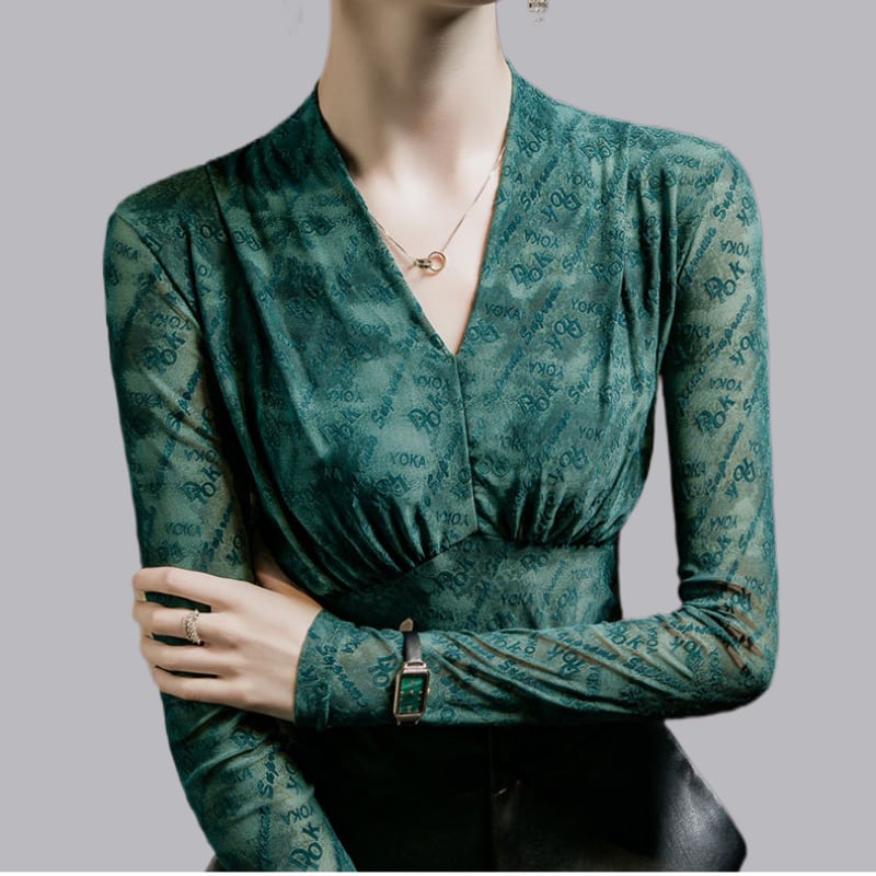 Vネック ロングスリーブ スリムフィット ブラウス ds1225