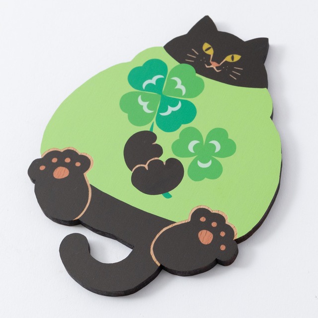 四つ葉の幸せねこ〈緑〉｜猫雑貨・木製コースター・ウッドプレート