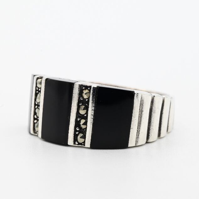 Black Onyx / Marcasite Accent Wide Tapered Ring #16.0 / Denmark