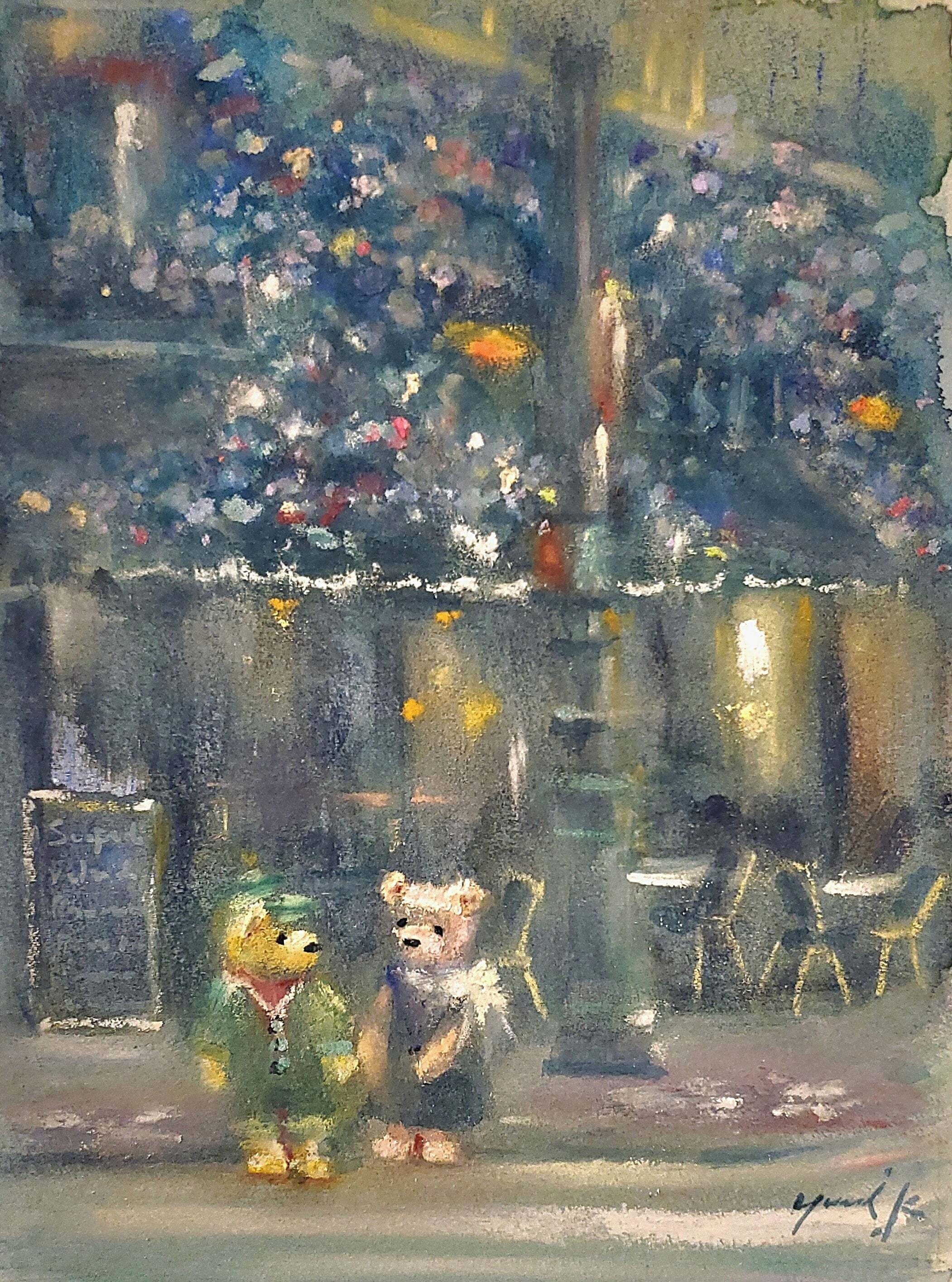 絵画 ｢Rendezvous in Blue｣ 18×13cm 額付 水彩/パステル Yumi Kohnoura