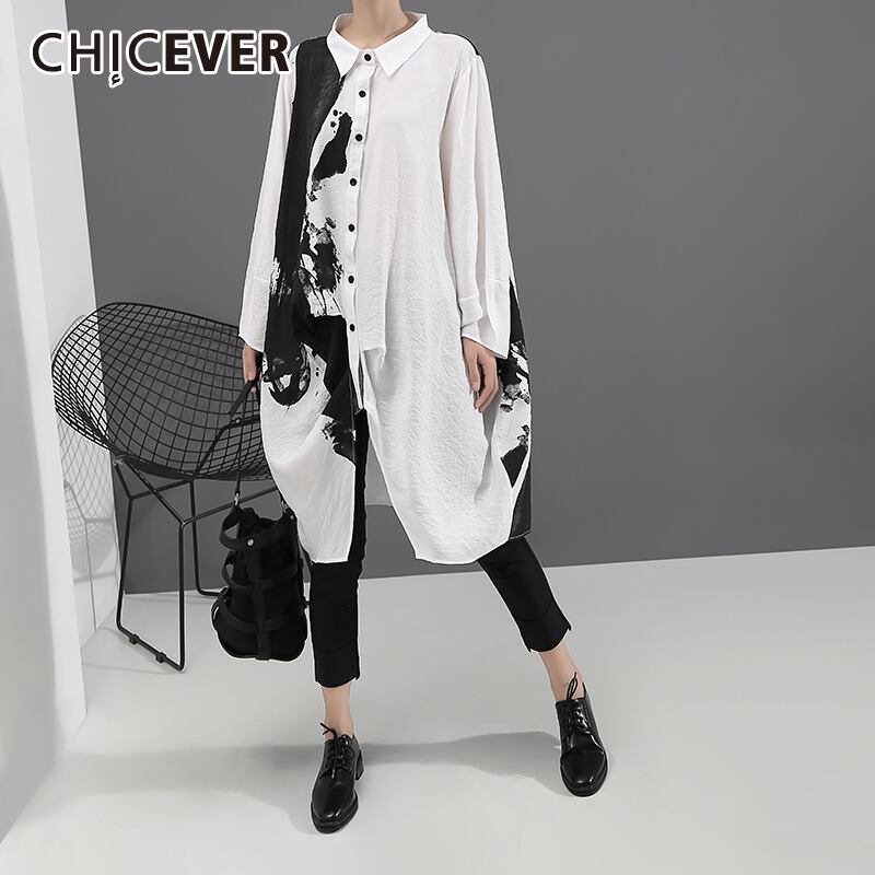CHICEVERプリントドレスレディースラペルカラー長袖オーバーサイズルーズヒットカラードレス2020 ロング 6base58145297374