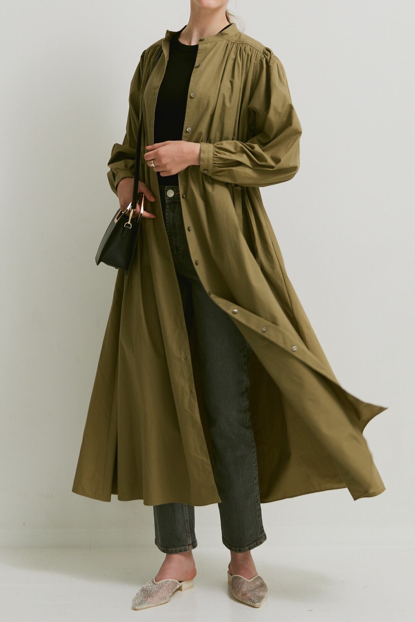 Puff sleeve gather one piece KHAKI