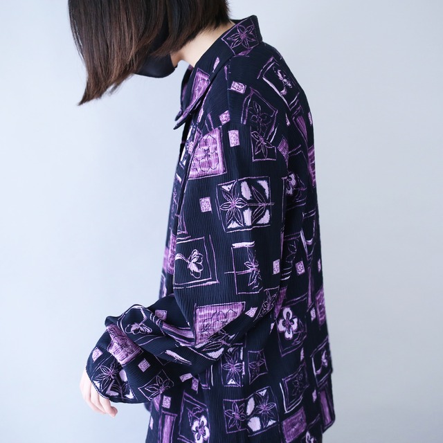 "black×violet" block flower art pattern wrinkle fabric loose box silhouette shirt