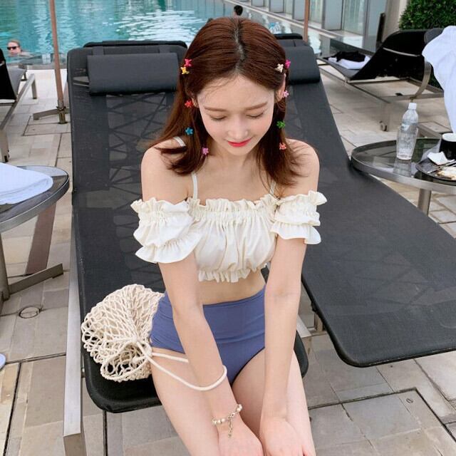 ビキニ レディース 水着 セパレート ハイウエスト オフショル フリル フェミニン 体型カバー セクシー ビーチ リゾート 旅行 おしゃれ かわいい 無地 ホワイト パープル M/L/XL