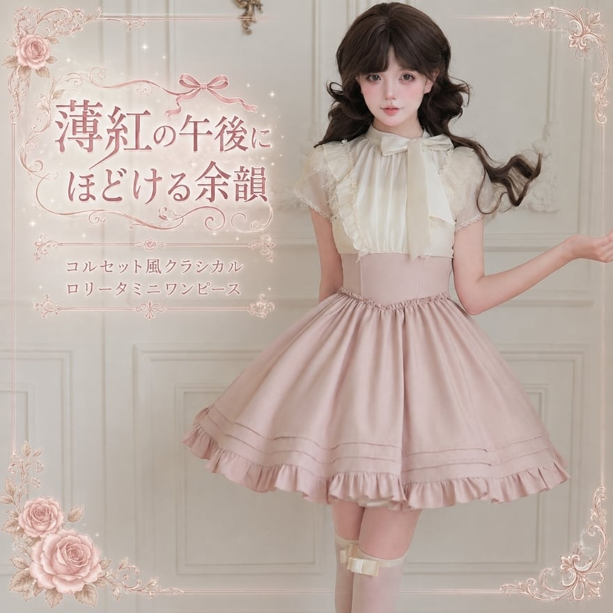 薄紅の午後にほどける余韻 コルセット風クラシカルロリータミニワンピース