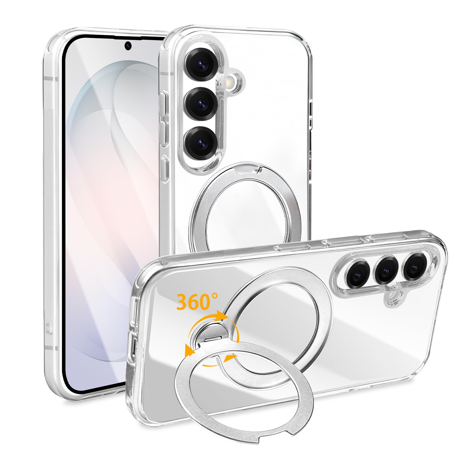 NPOFR SXMO For Galaxy S26 用 ケース Magsafe対応 耐衝撃 多機能360°回転スタンド クリア ギャラクシー s26 用の スマホケース マグネット搭載 縦横両立 ギャラクシー s26 カバー 角度自在 調整可能 透明 指紋防止 黄ばみなし 薄型 (シルバー)