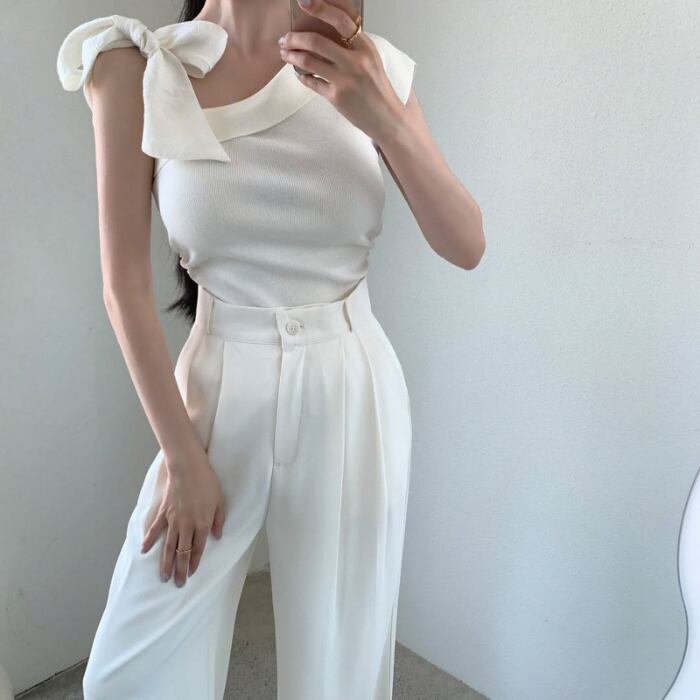 アシンメトリー リボン ニットトップス 3412772